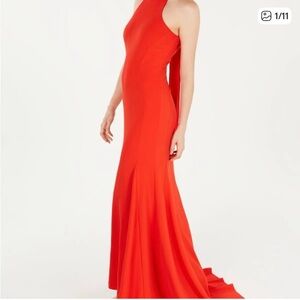 Calvin Klein Red Halter Mermaid with Train and Bow Dress